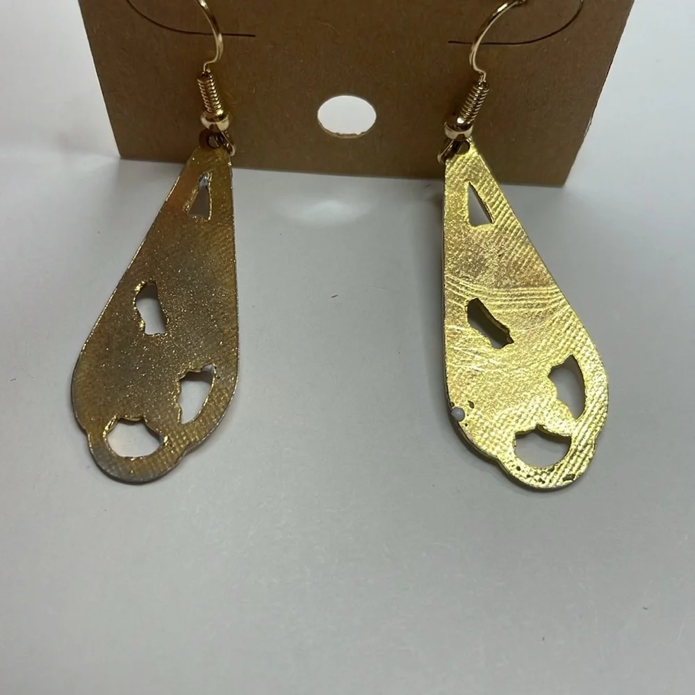 White Gold Tone Floral Cut Out Cloisonné Enamel Dangle Earrings (CPD45) - Picture 5 of 7